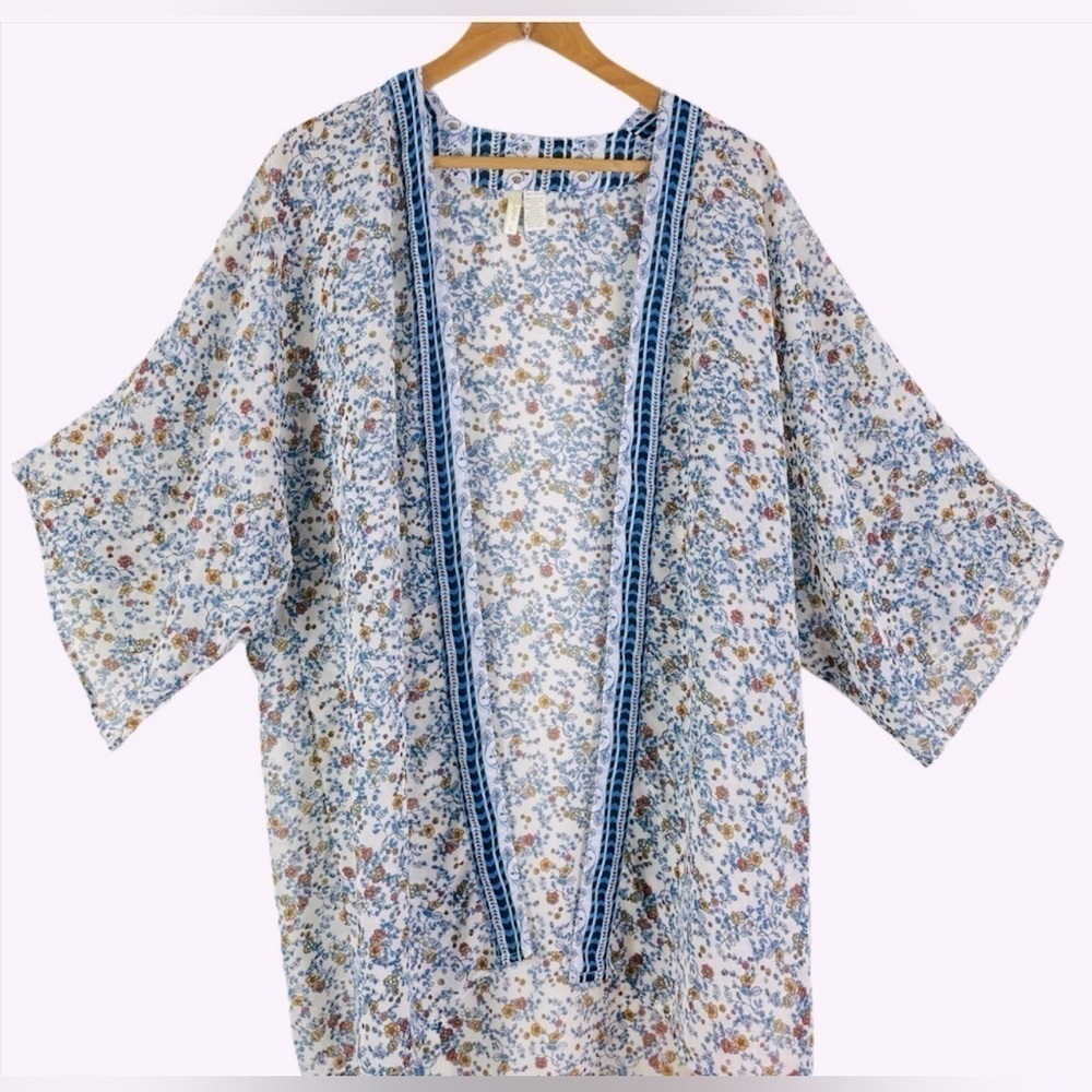 Japna Kimono Top Size Large Boho Floral Blue Yellow Red Open Front Long Coverup